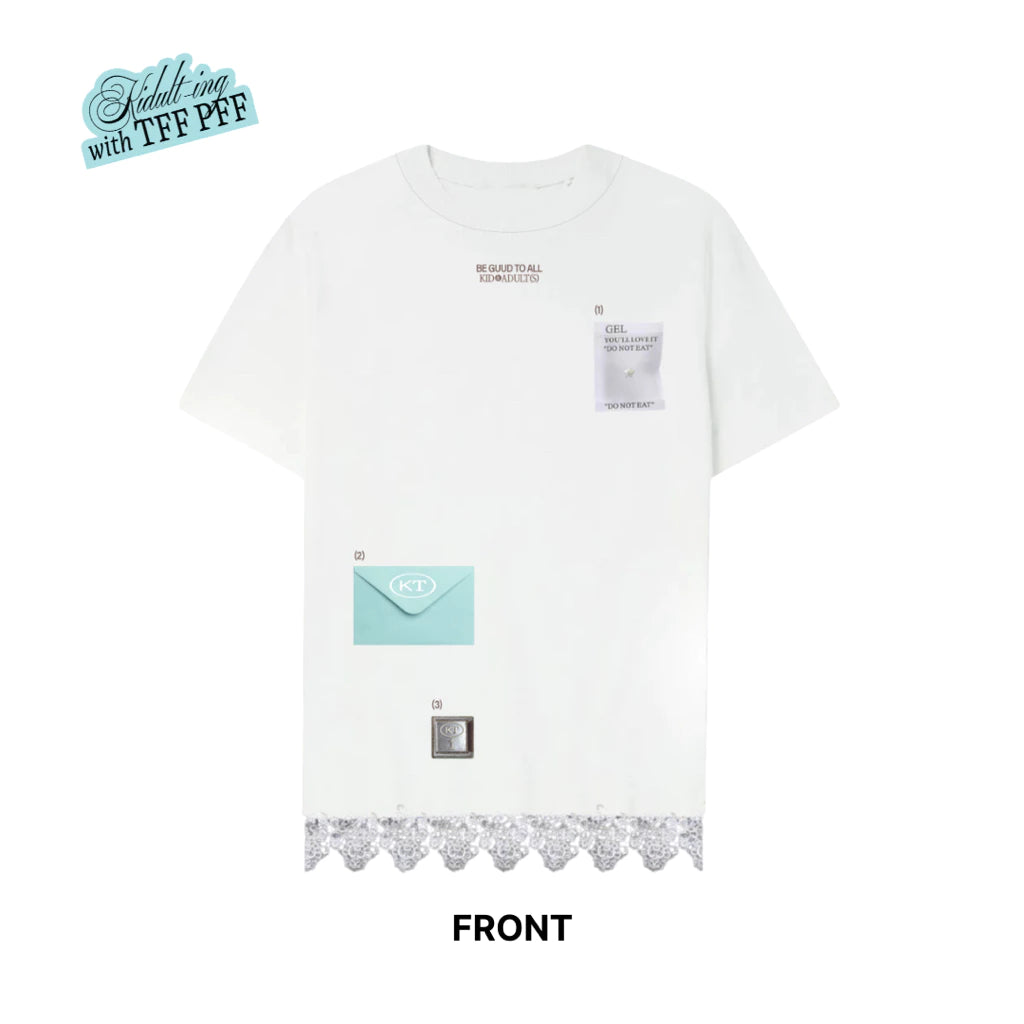 White t-shirt with lace hem and small pocket by Tuff Puff on a white background