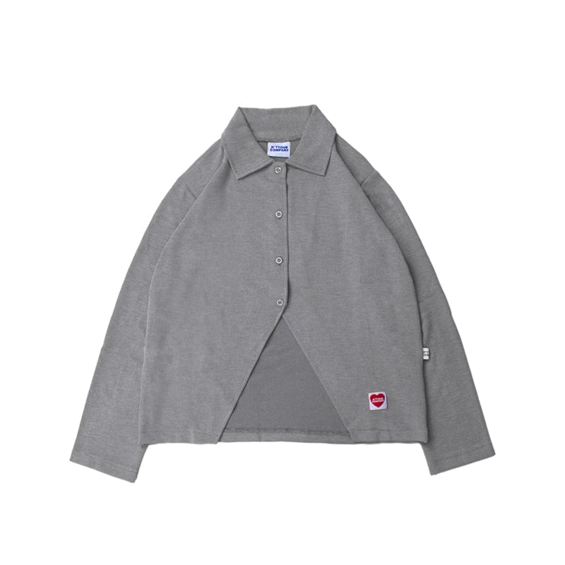Gray shirt with a small red heart logo by notyourcompany on a white background