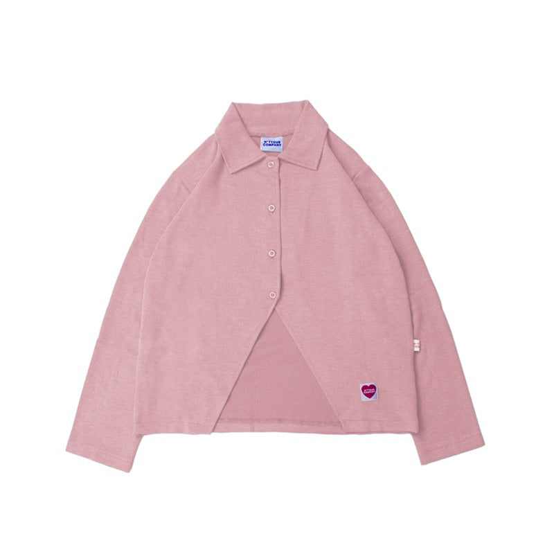 Pink shirt with a red heart patch by notyourcompany on a white background