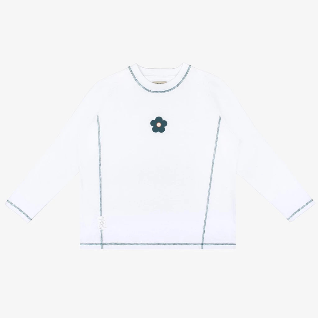 White long sleeve tees by Tome Ame with a small floral design on a white background