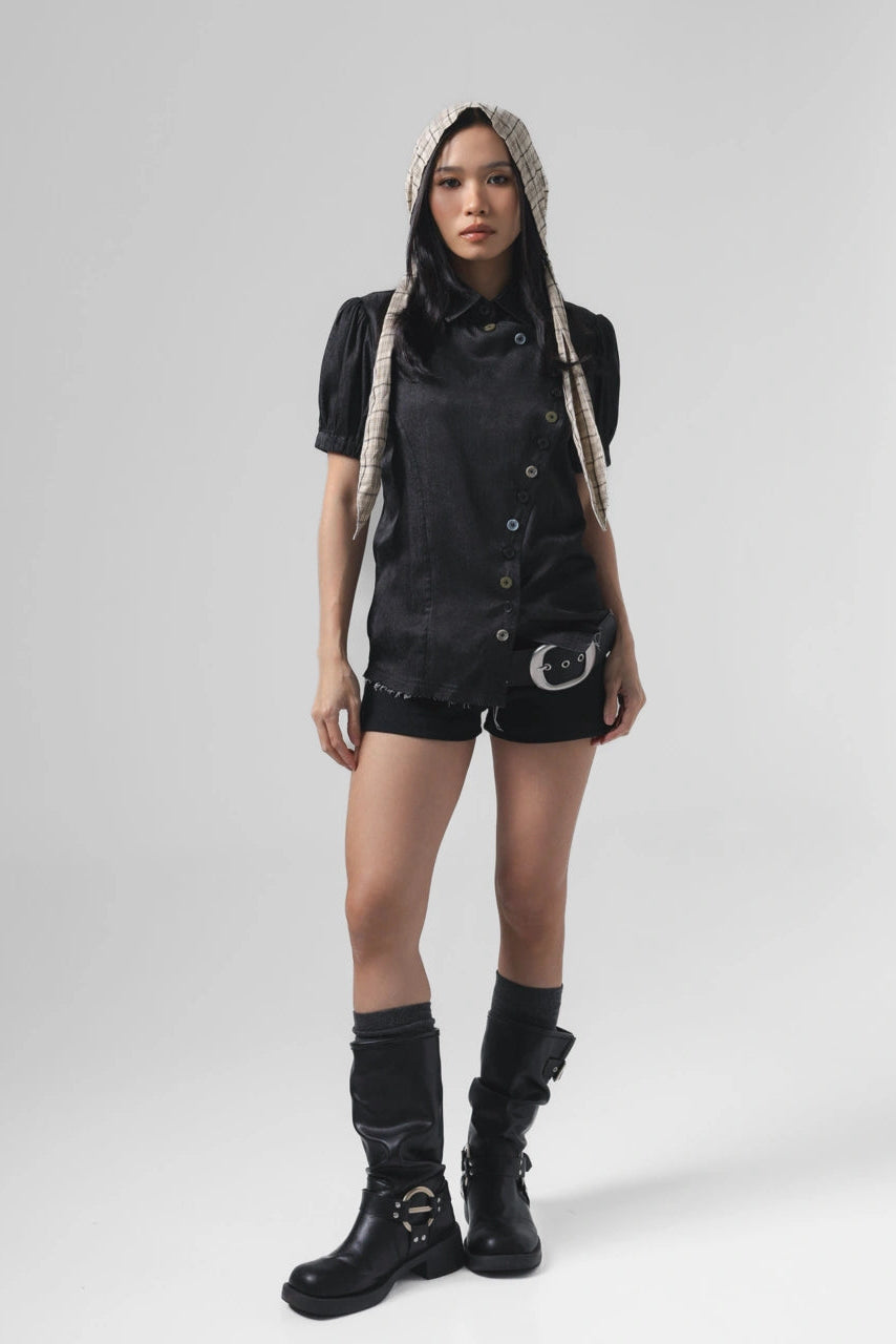 Noir Buttons Poppy Sleeve Shirt Black - Catha