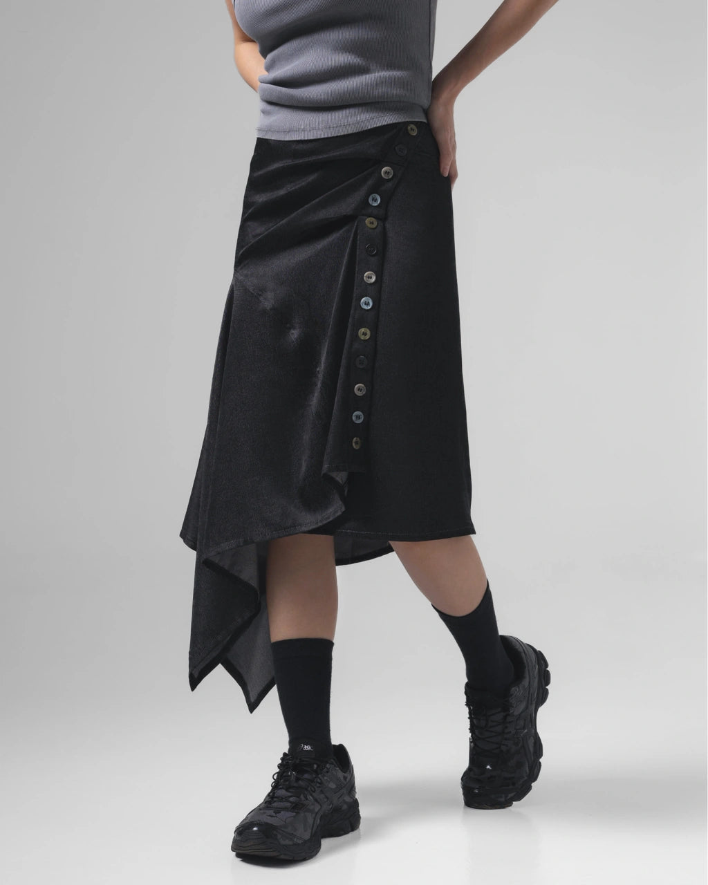 Noir Button Wrapped Skirt Black - Catha