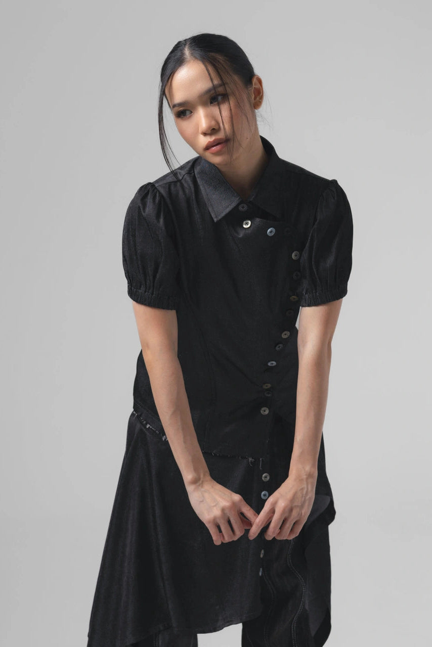 Noir Buttons Poppy Sleeve Shirt Black - Catha