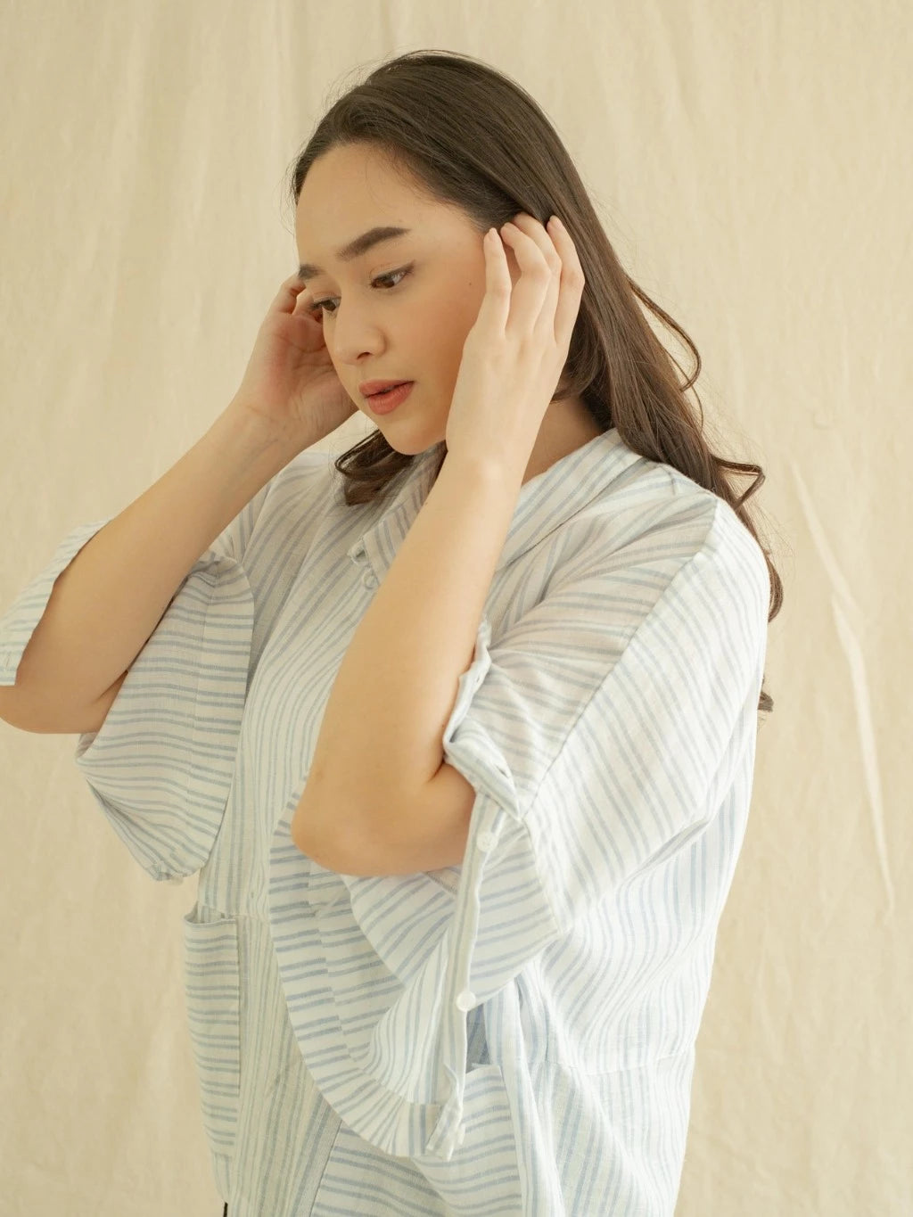 Blouse Silih Salur Biru - Labuan Linen Wear