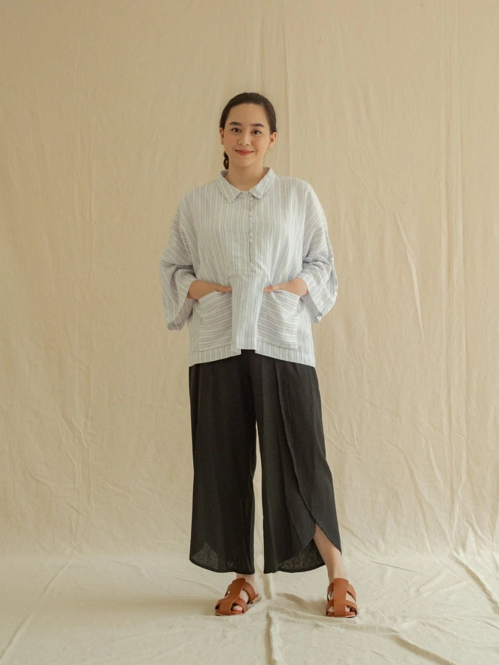 Blouse Silih Salur Biru - Labuan Linen Wear