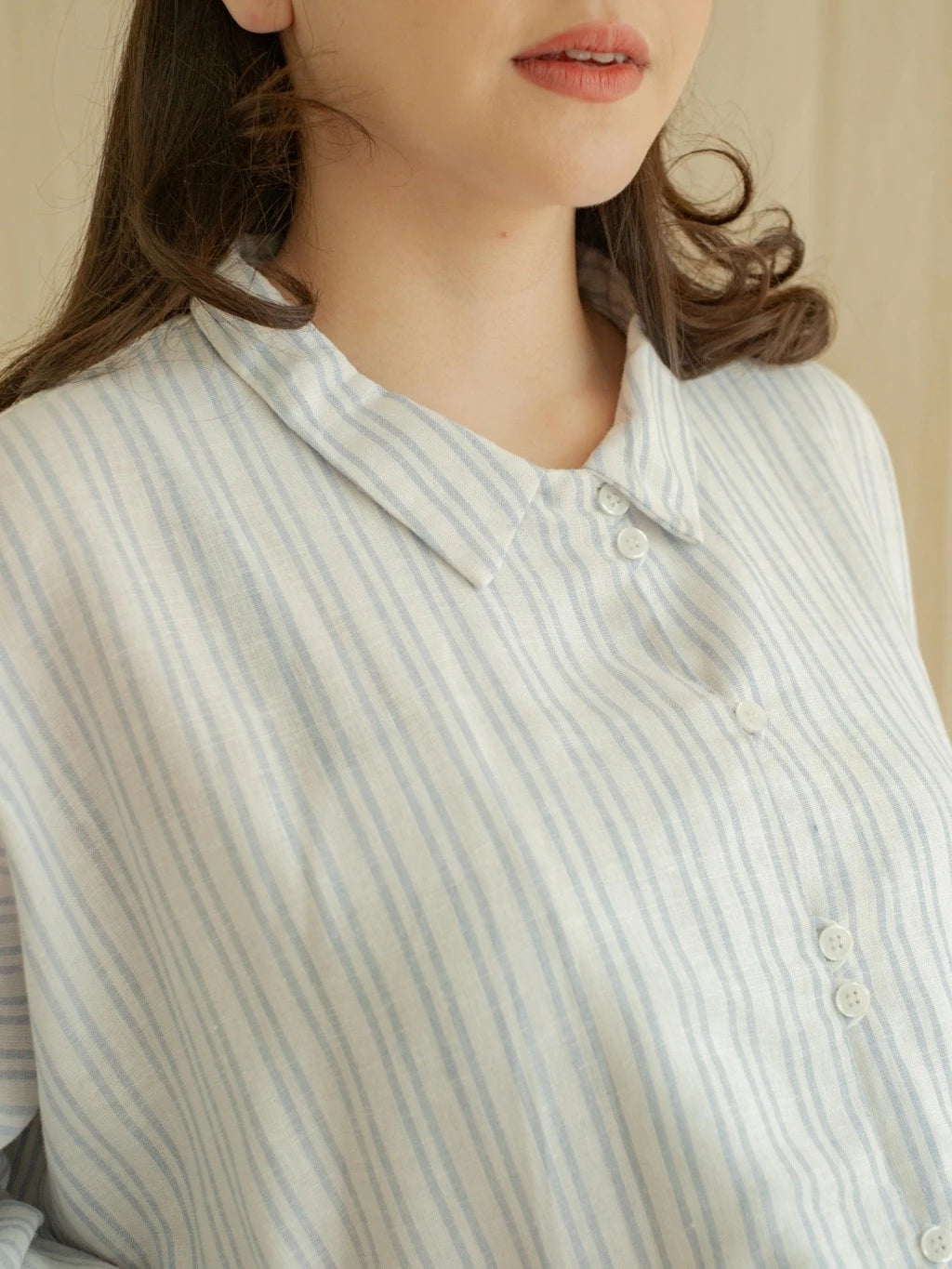 Blouse Silih Salur Biru - Labuan Linen Wear