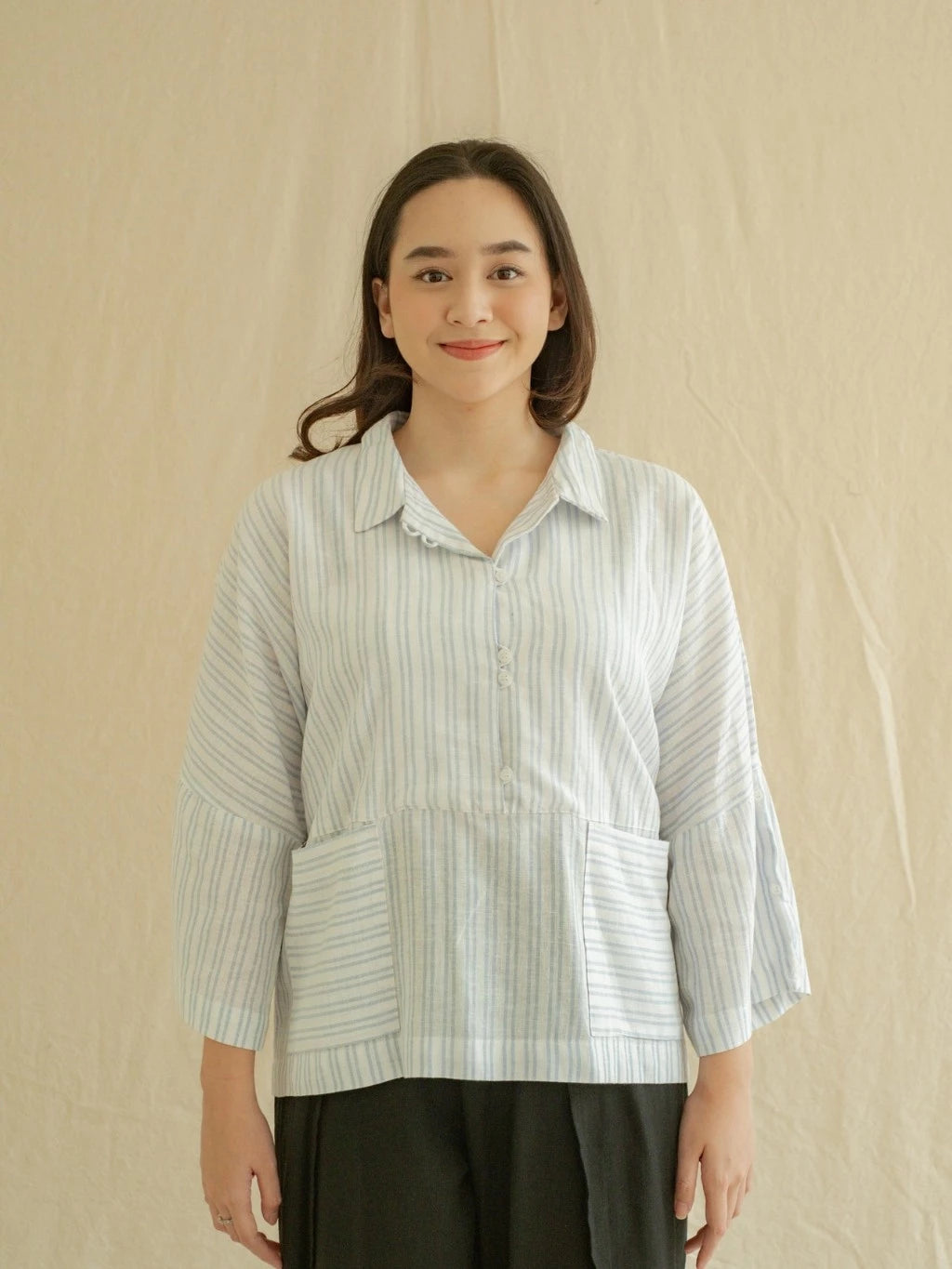 Blouse Silih Salur Biru - Labuan Linen Wear