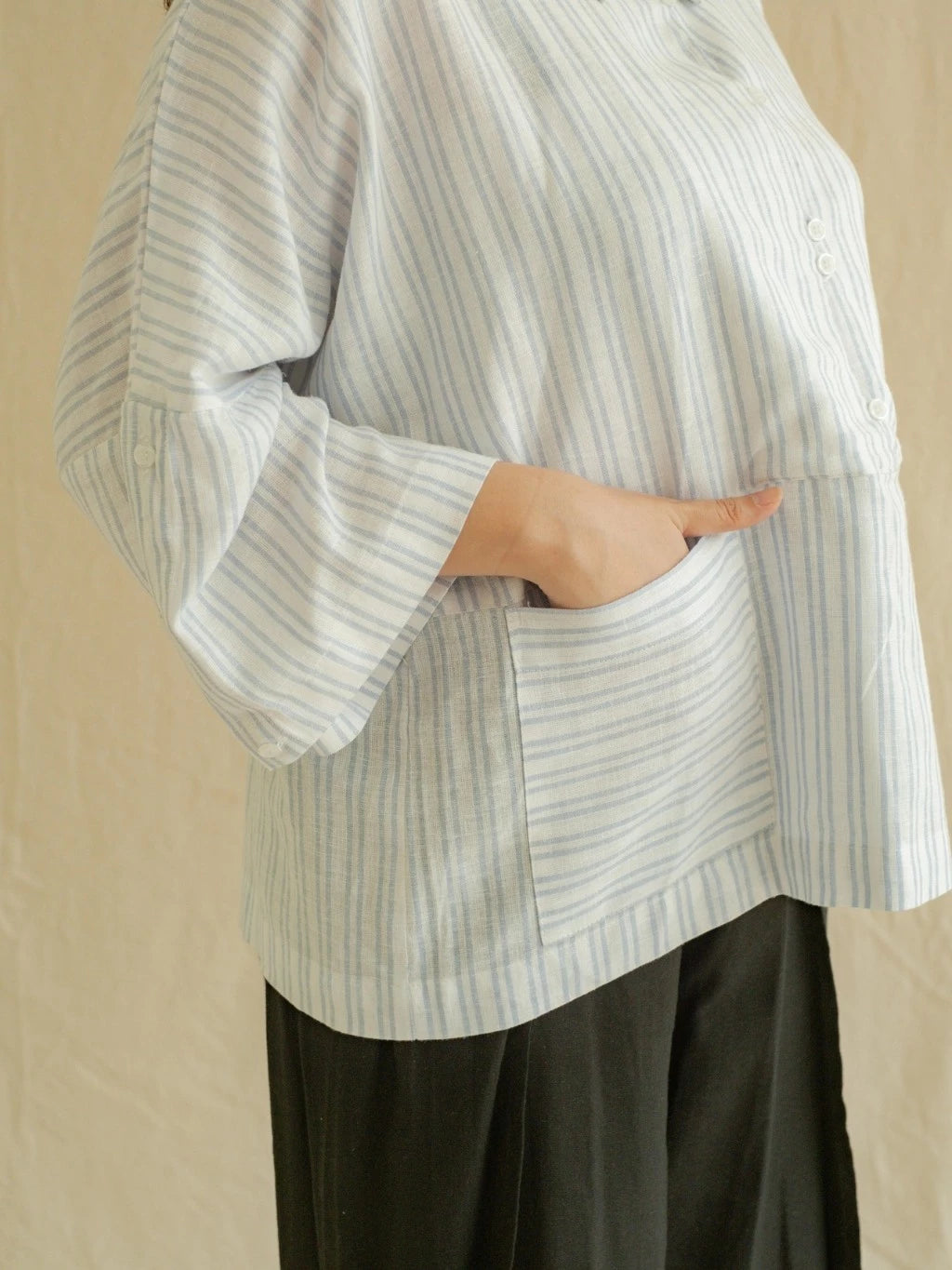 Blouse Silih Salur Biru - Labuan Linen Wear