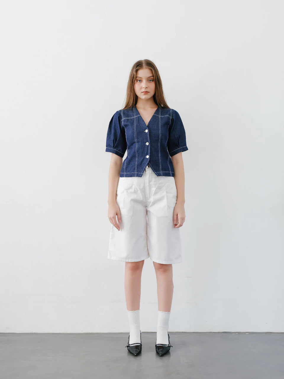 Nixie Button Puffy Denim Top - The Auctus