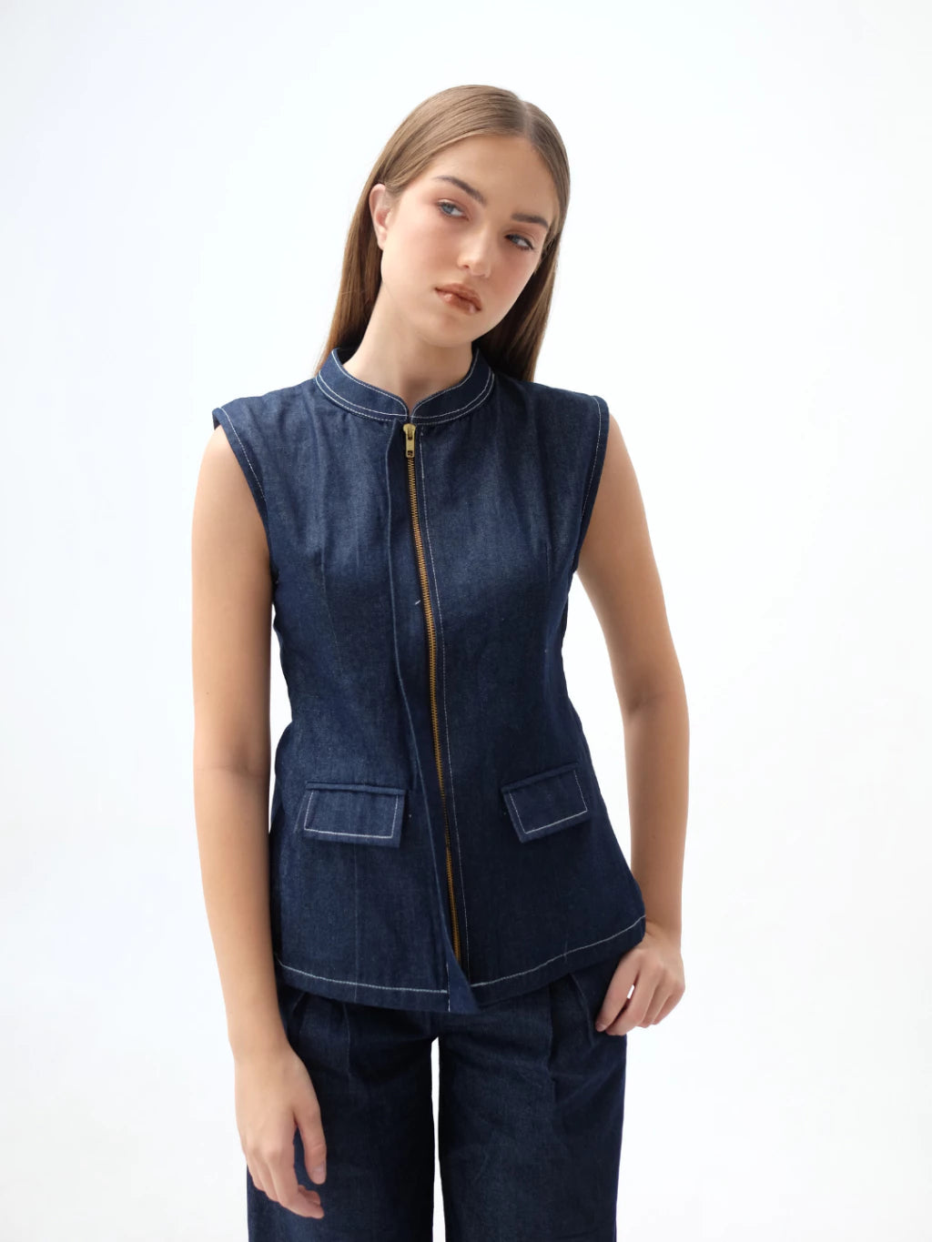Olive Denim Zipper Top Dark Blue - The Auctus