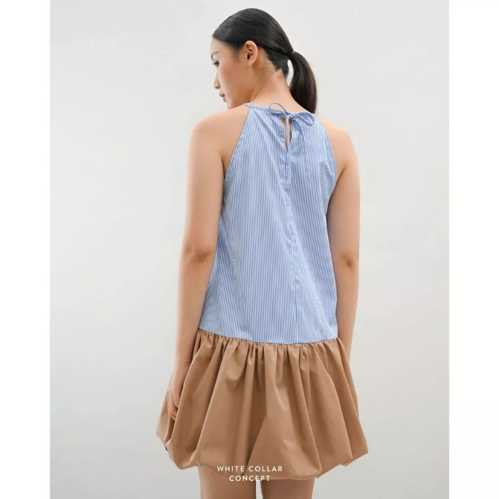 Derai Balloon Dress Stripe Mocha - White Collar Concept