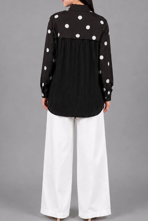 2 Tone Pleats Polka Shirt Black - Aumone