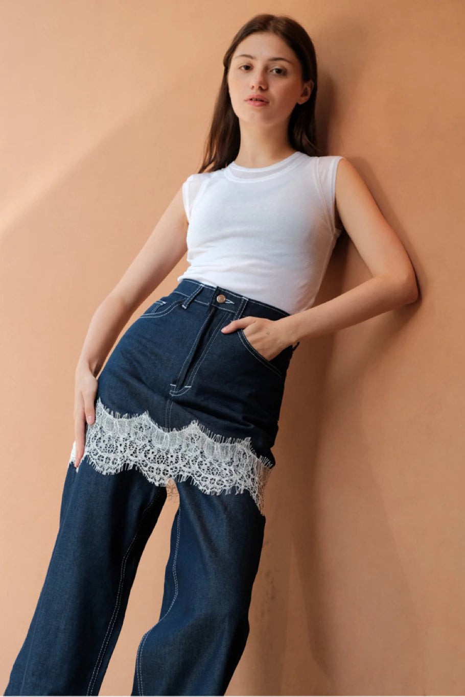 Luca Lace Overlay Denim Pants Indigo Blue - The Auctus