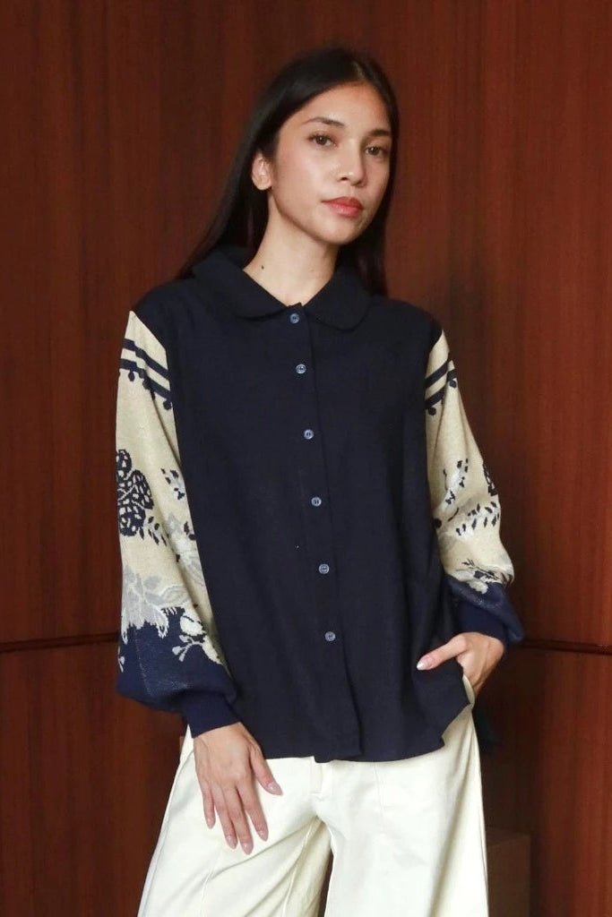 Nonaetal Celosia Shirt Hip Length Knit Sleeve Navy - Nona