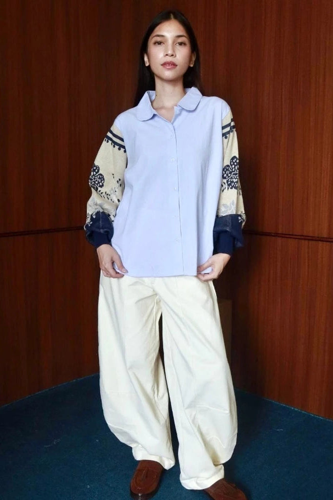 Nonaetal Celosia Shirt Hip Length Knit Sleeve Soft Blue - Nona