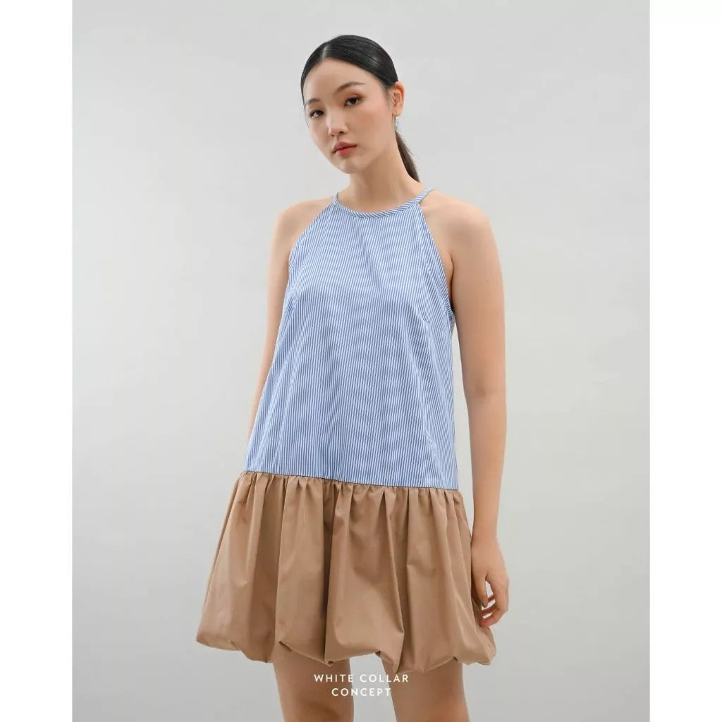 Derai Balloon Dress Stripe Mocha - White Collar Concept