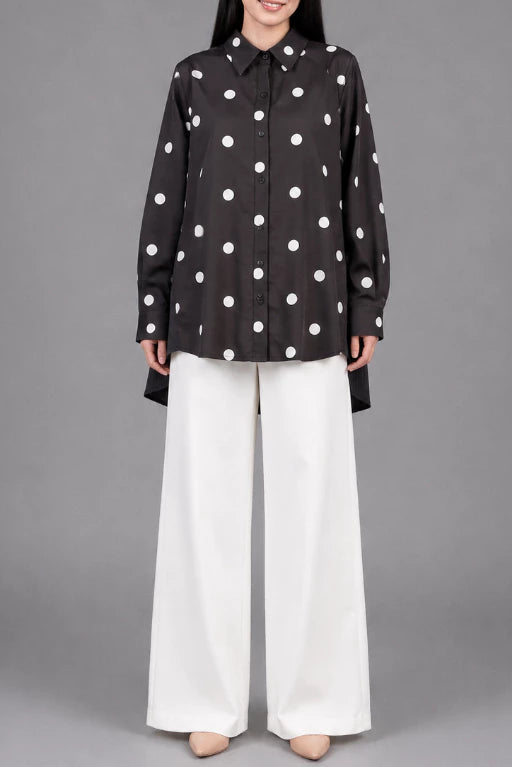 2 Tone Pleats Polka Shirt Black - Aumone
