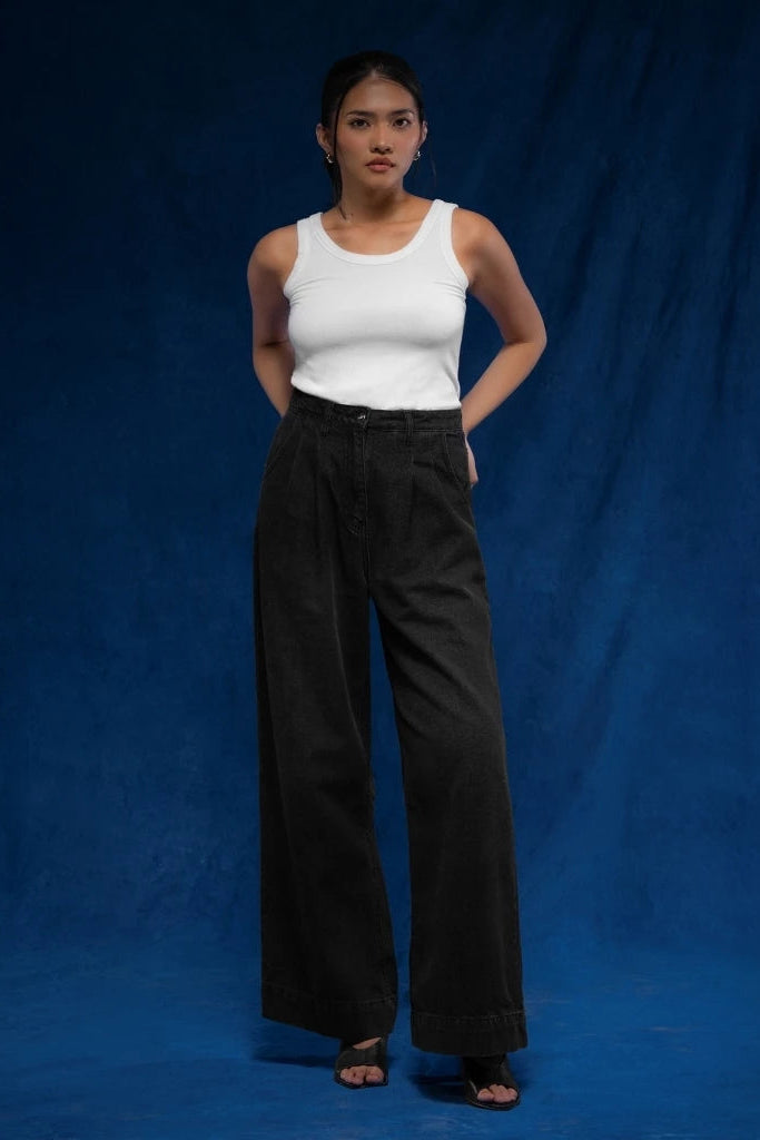 Emily Denim Wide Leg Pants Black Wash - Daile
