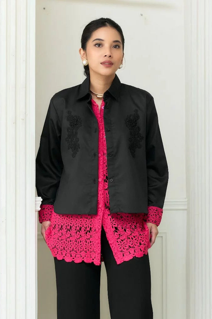 Firly Embroidery Shirt Hitam Pink - Mine