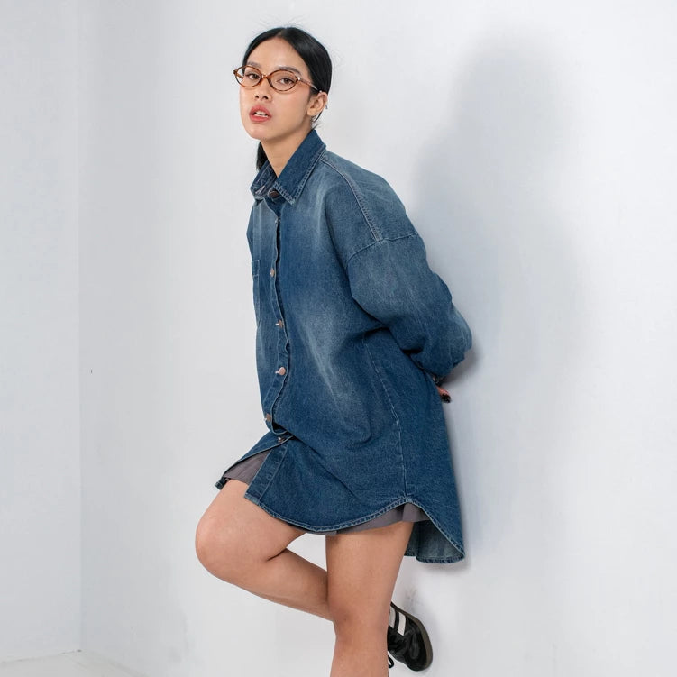 Cleo Oversize Shirt Dark Teal Blue - Ambra La Moda