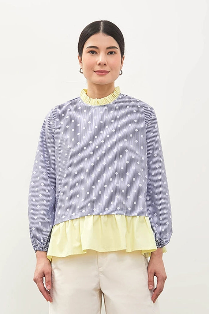 Kyna Polkadot Top Butter Long Sleeve Polkadot Blue - Curato Market