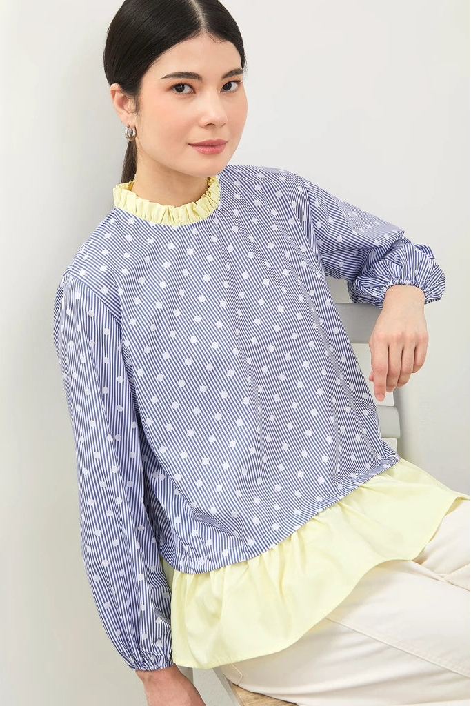 Kyna Polkadot Top Butter Long Sleeve Polkadot Blue - Curato Market
