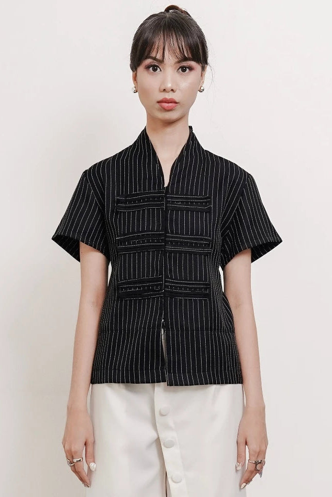 Thea Napoleon Shortsleeved Top Black Stripes - Isoos Studios