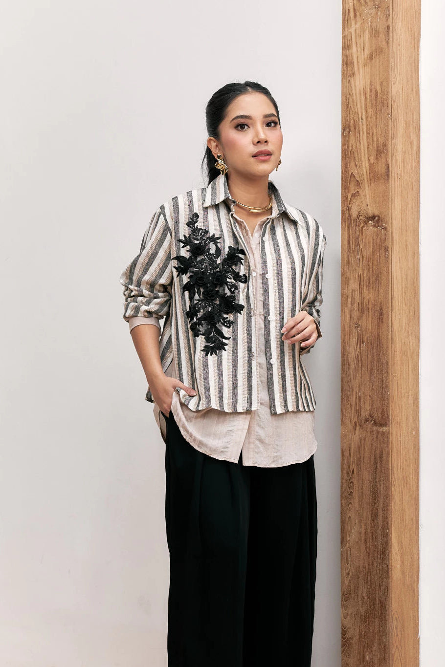 Firly Embroidery Stripes Coklat - Mine