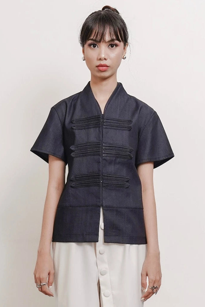 Thea Napoleon Shortsleeved Top Denim - Isoos Studios
