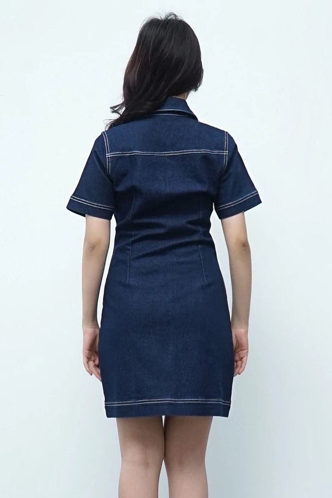 Zoey Midi Shift Denim Dress Dark Blue - Daile