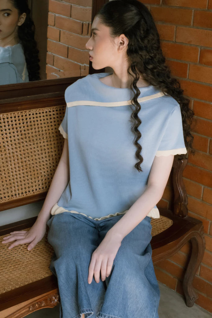 Nicole Blue Knit Top Short Sleeve Blue Yellow - Curato Market