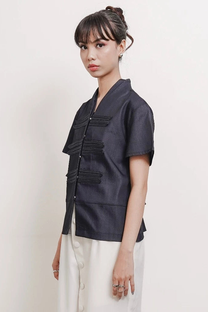 Thea Napoleon Shortsleeved Top Denim - Isoos Studios