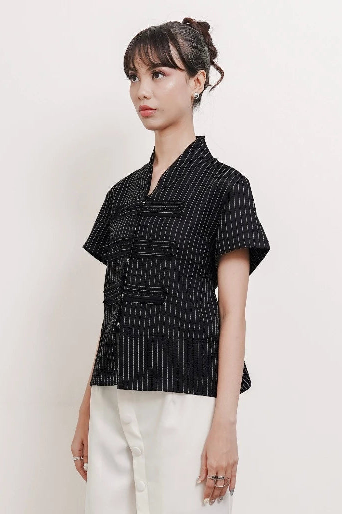 Thea Napoleon Shortsleeved Top Black Stripes - Isoos Studios