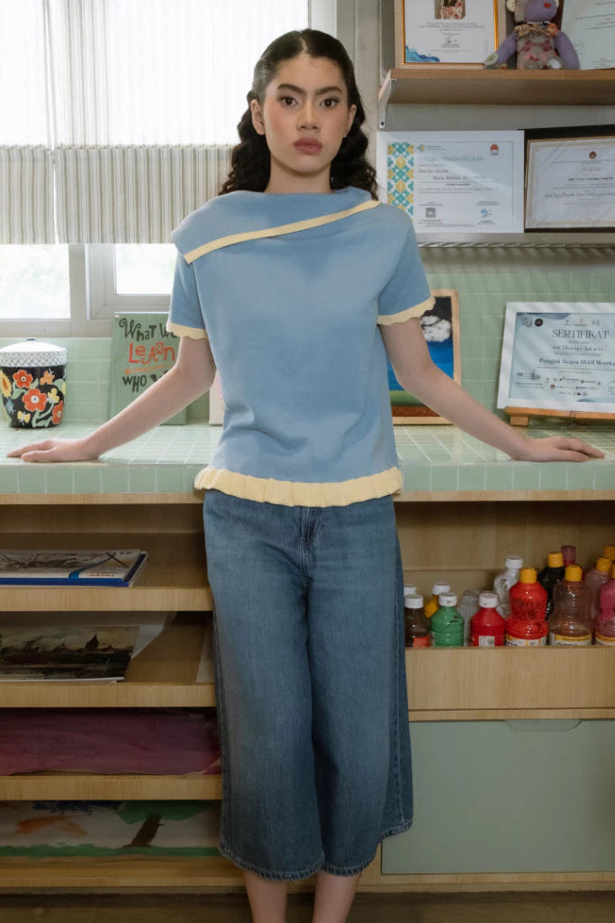 Nicole Blue Knit Top Short Sleeve Blue Yellow - Curato Market
