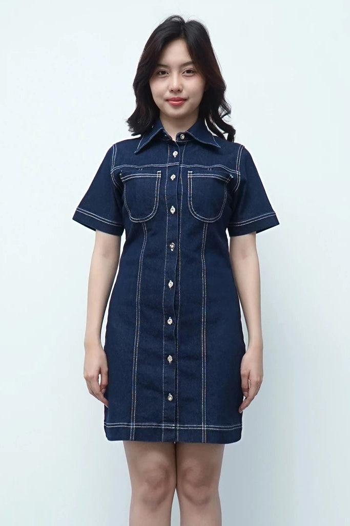 Zoey Midi Shift Denim Dress Dark Blue - Daile