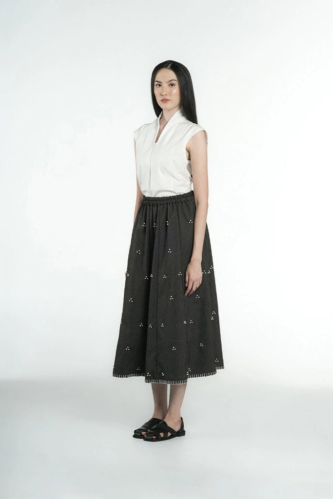 Rintik Sashiko Panel Skirt Black - Damakara