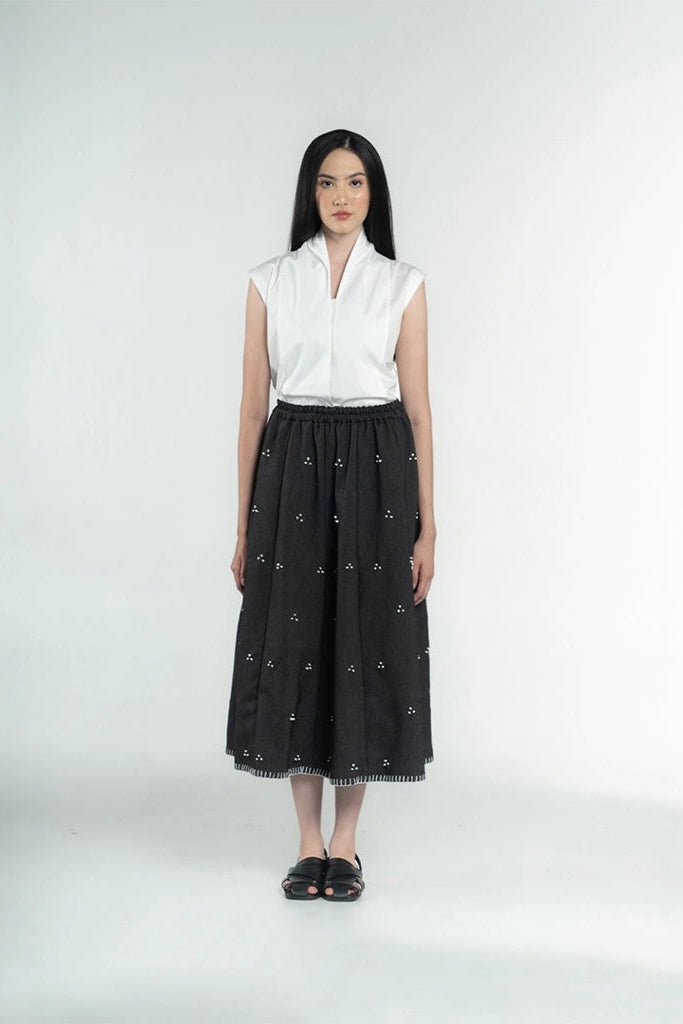 Rintik Sashiko Panel Skirt Black - Damakara