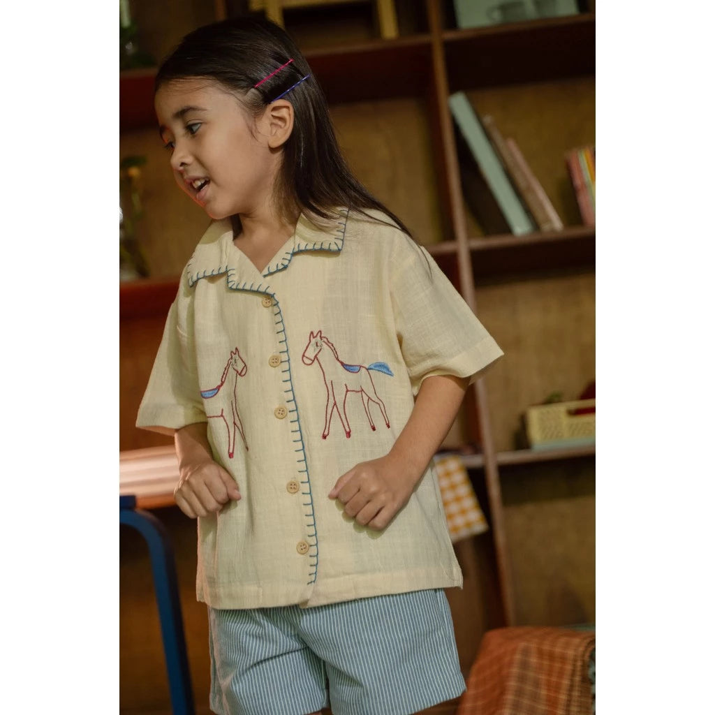 HGL Bambini - Horse Embroidery Sashiko Shirt Banana Milk - Sabine & Heem