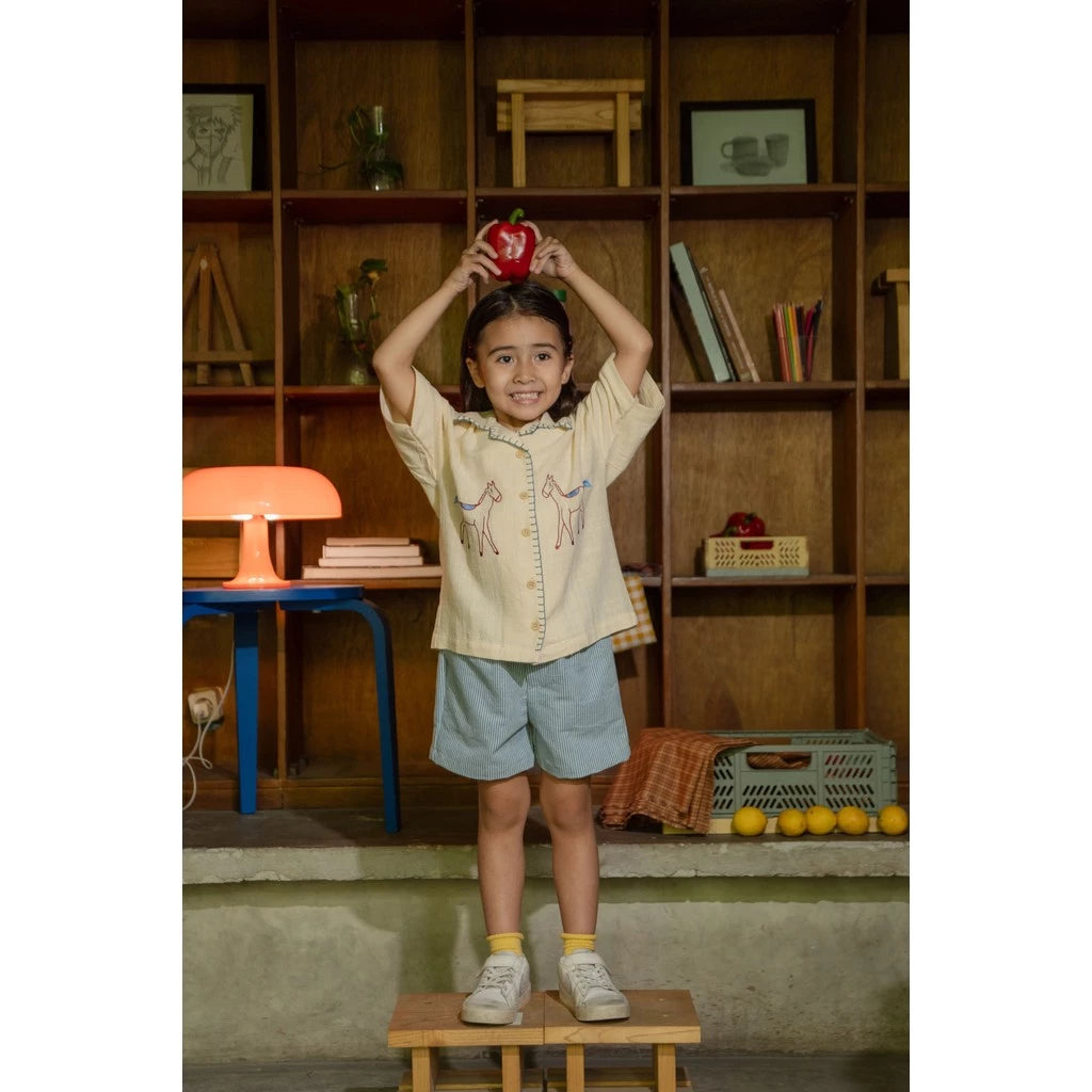 HGL Bambini - Horse Embroidery Sashiko Shirt Banana Milk - Sabine & Heem