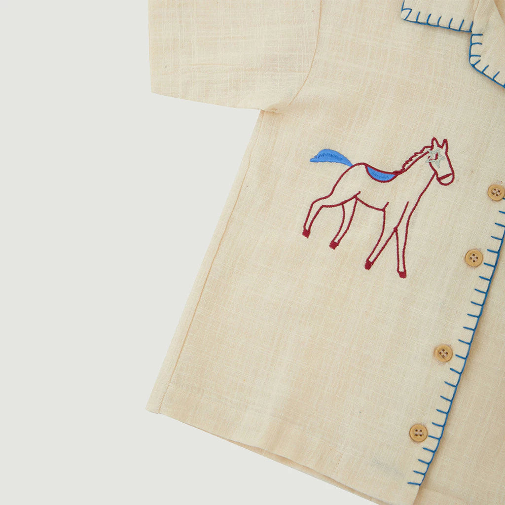 HGL Bambini - Horse Embroidery Sashiko Shirt Banana Milk - Sabine & Heem