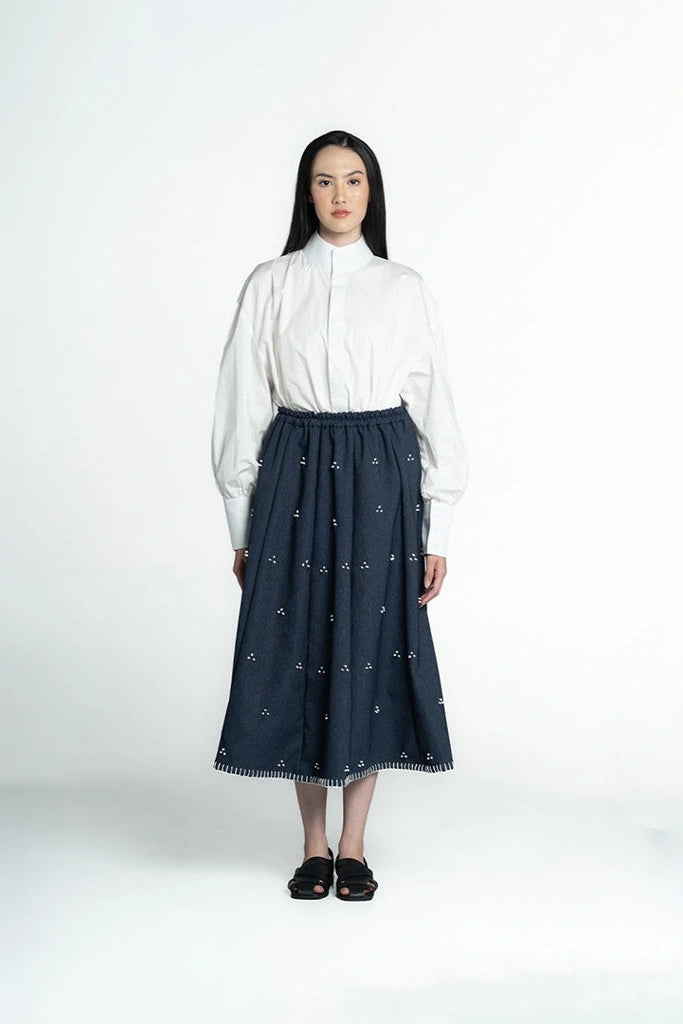 Rintik Sashiko Panel Skirt Navy - Damakara