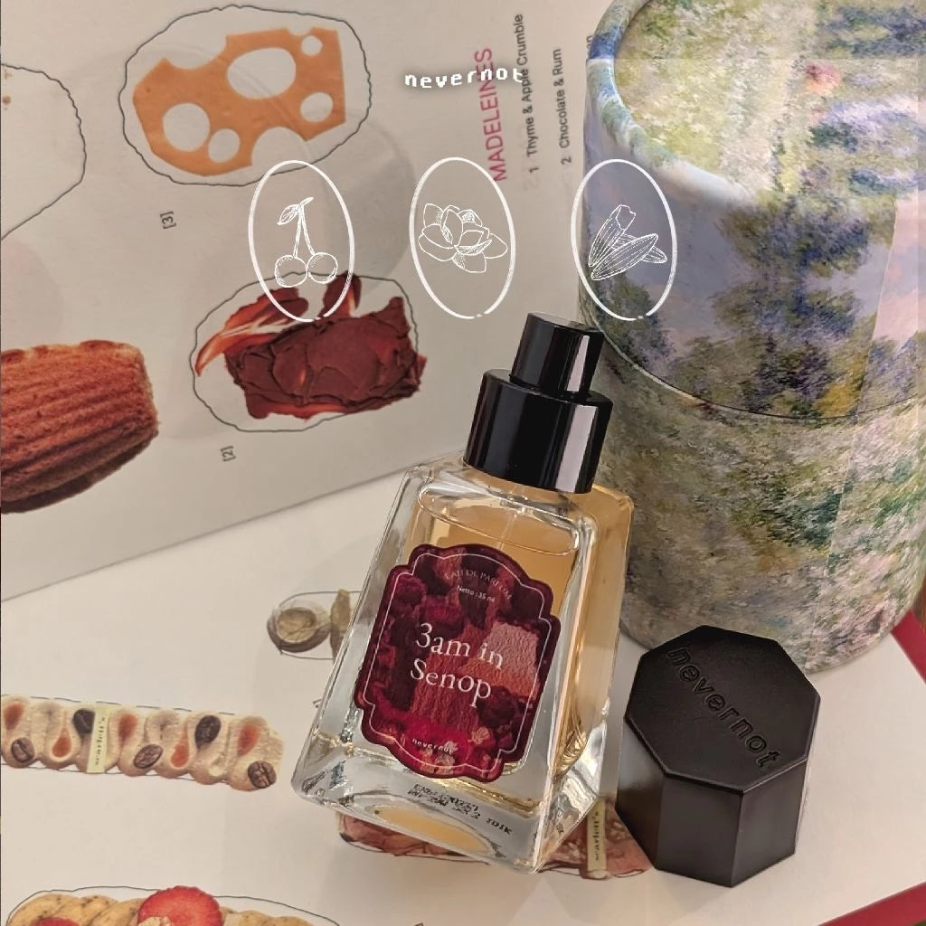 Perfume bottle labeled '3am in Senop' by Nevernot with decorative elements and a vase in the background.