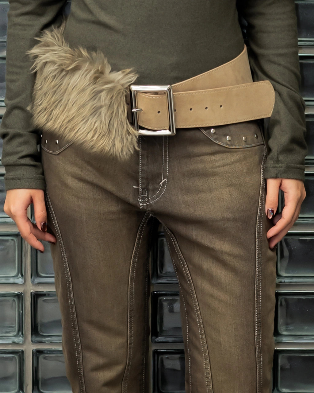 Detachable Fur Belt Khaki - Catha