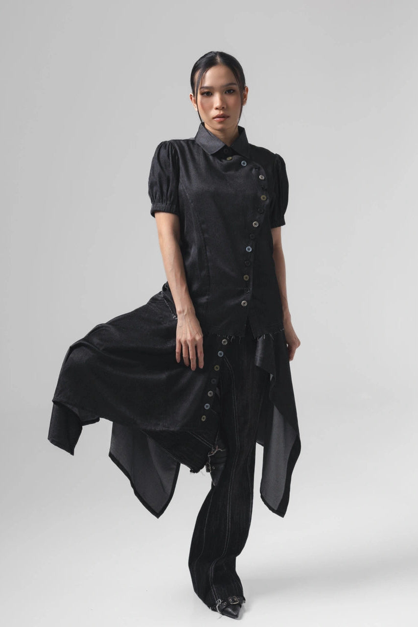 Noir Buttons Poppy Sleeve Shirt Black - Catha