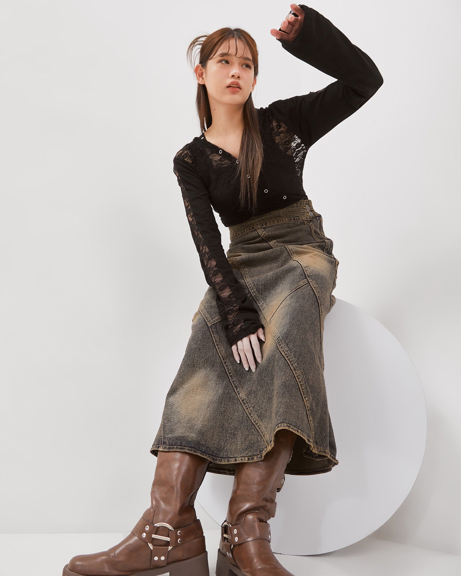 Vintage Brown Wash Line Up Denim Skirt - Catha