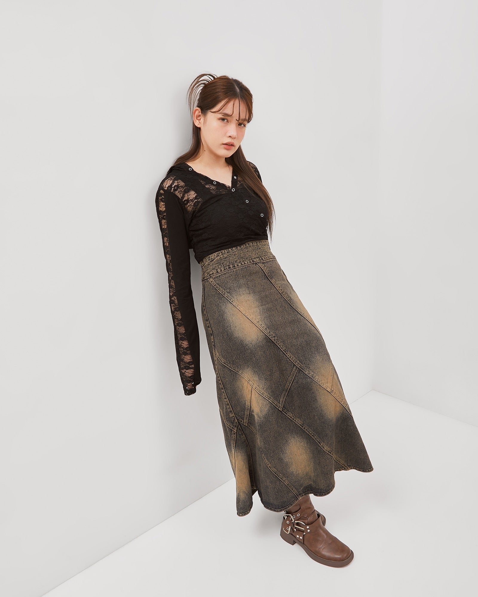 Vintage Brown Wash Line Up Denim Skirt - Catha