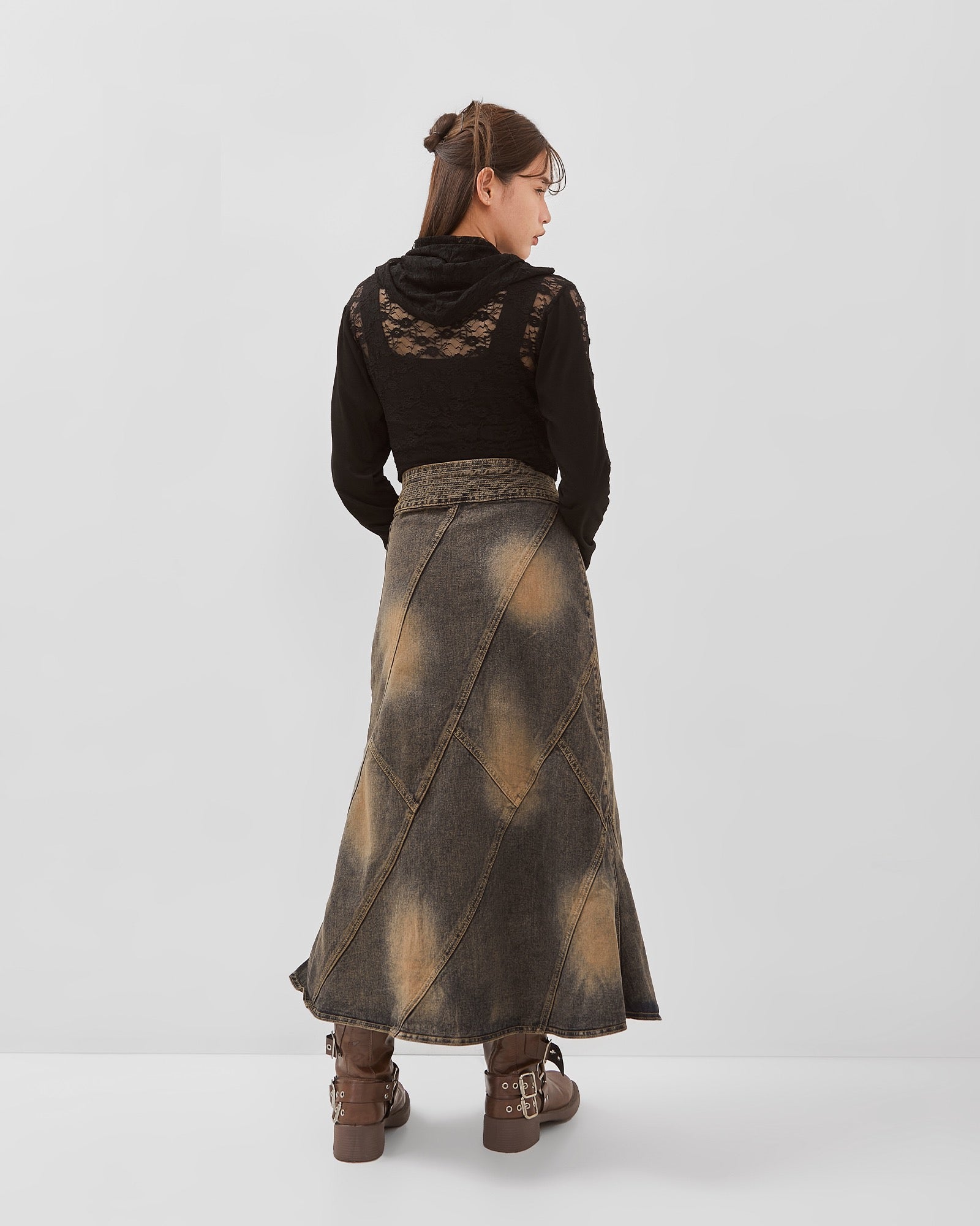 Vintage Brown Wash Line Up Denim Skirt - Catha