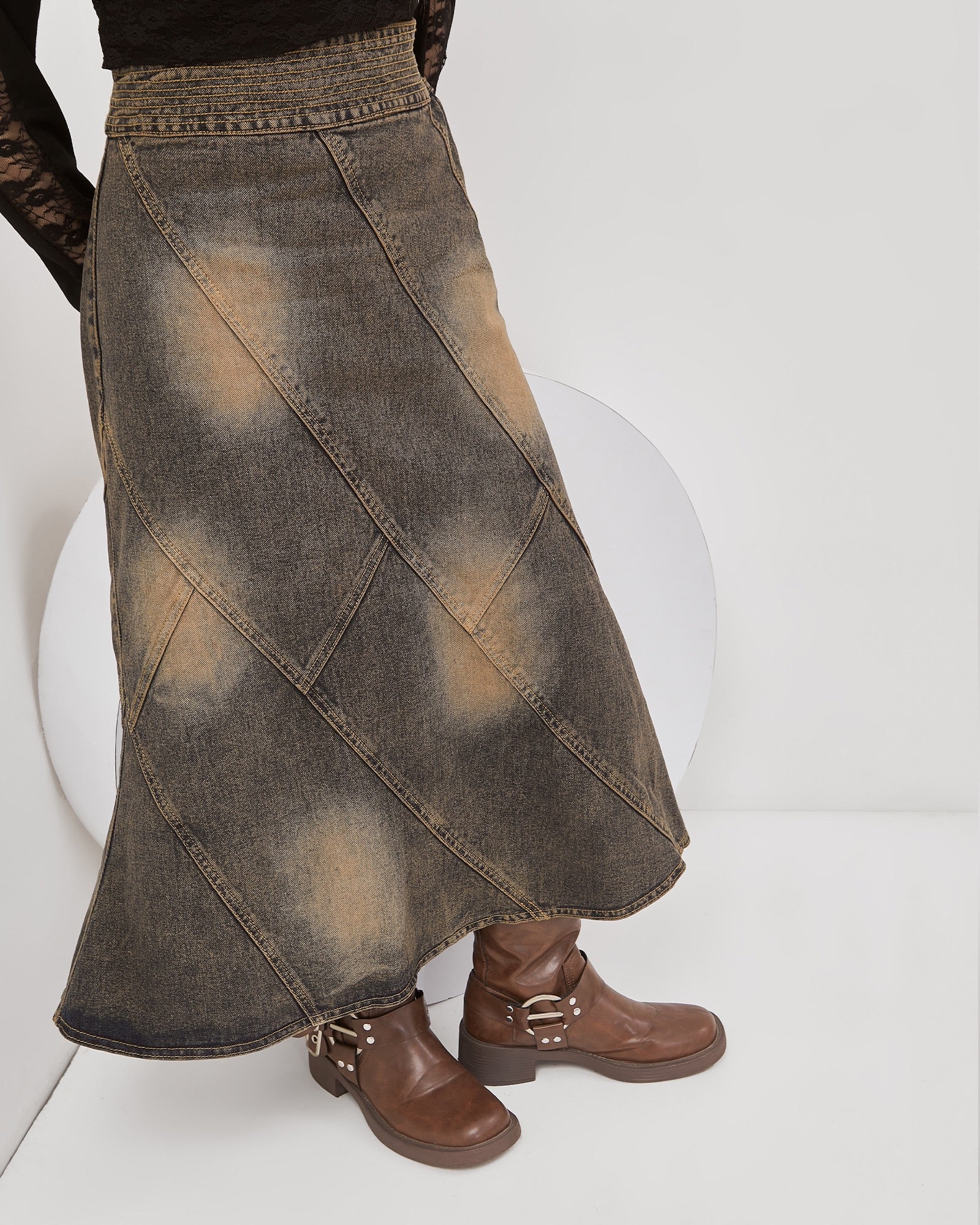 Vintage Brown Wash Line Up Denim Skirt - Catha