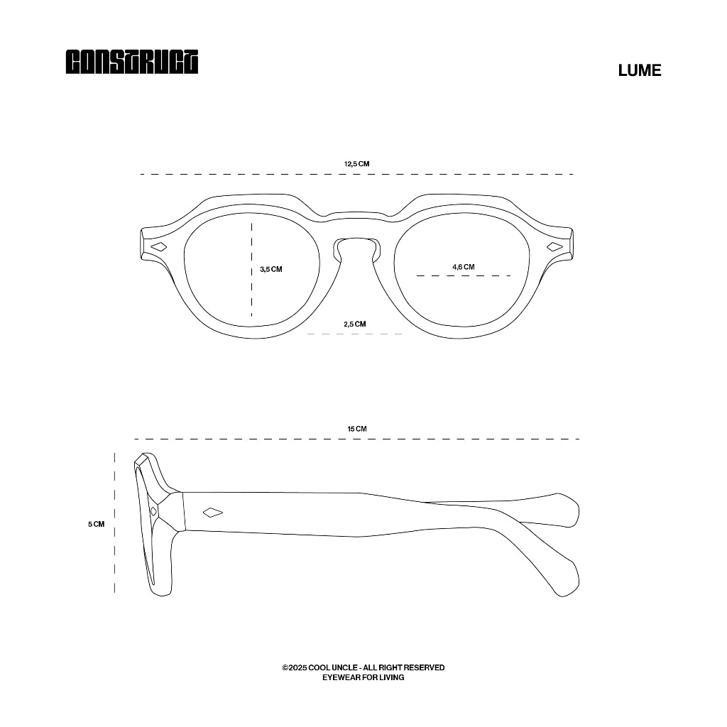 Technical drawing of sunglasses by Cool Uncle with dimensions labeled.