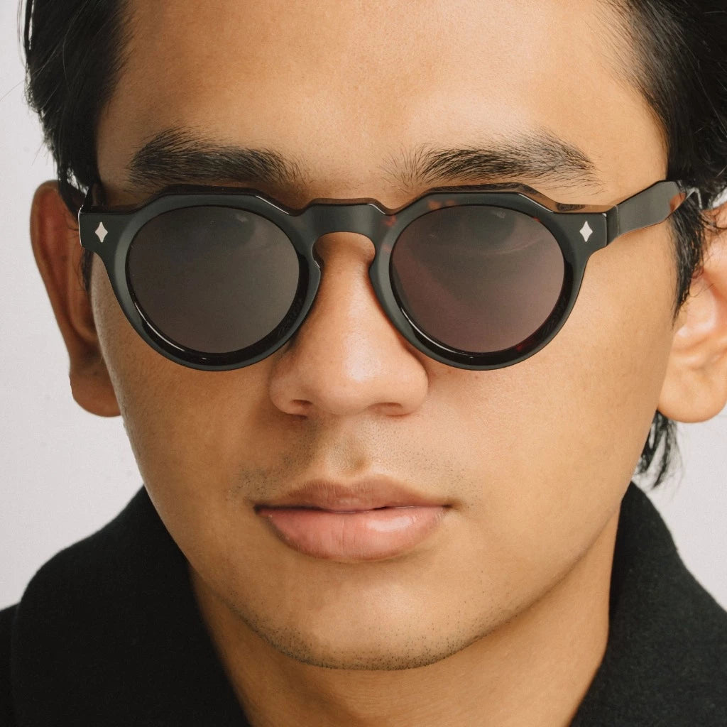 Close-up of a person wearing dark sunglasses by Cool Uncle with a neutral background